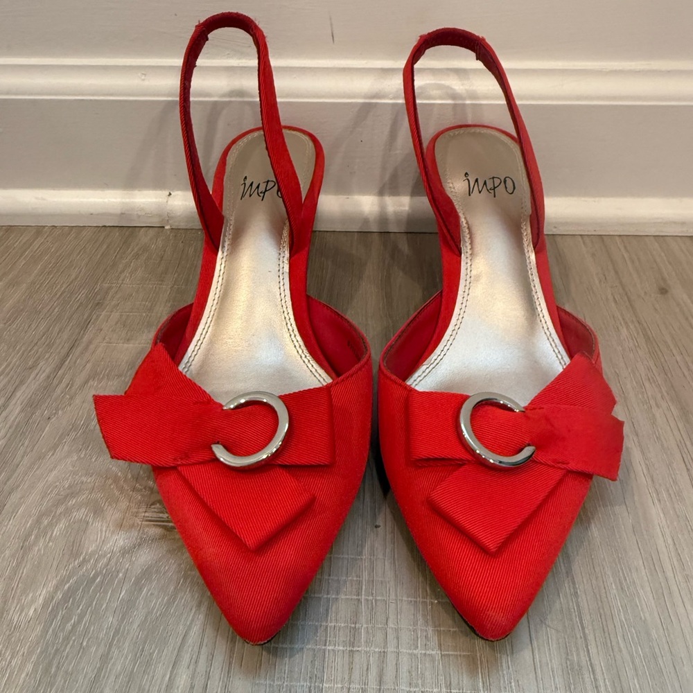 IMPO Red Slingback Kitten Heels w/ Bow & Silver Hardware – Size 8